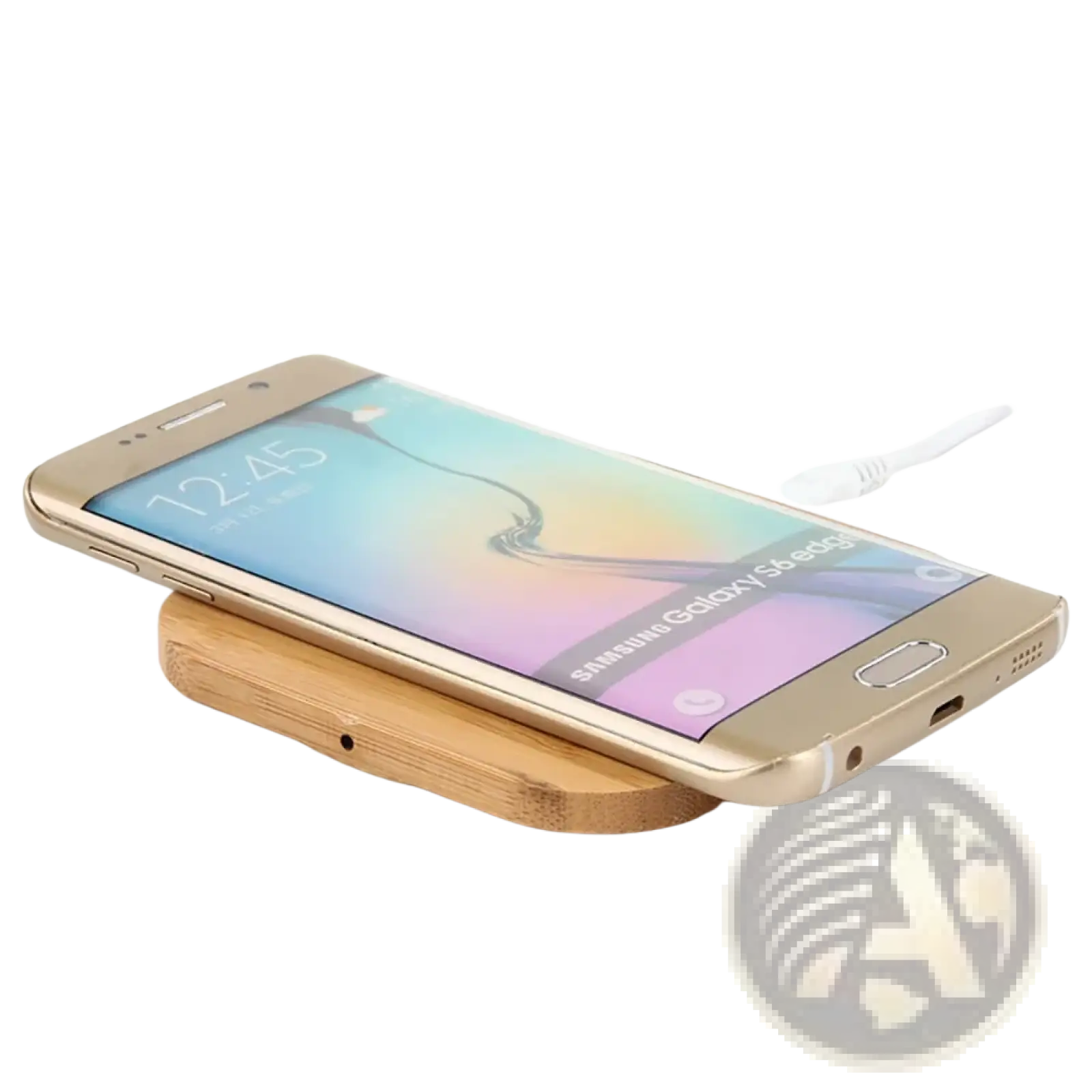 Gold-colored Samsung Galaxy S6 Edge resting on a slim wooden wireless charging pad USB C fast charger