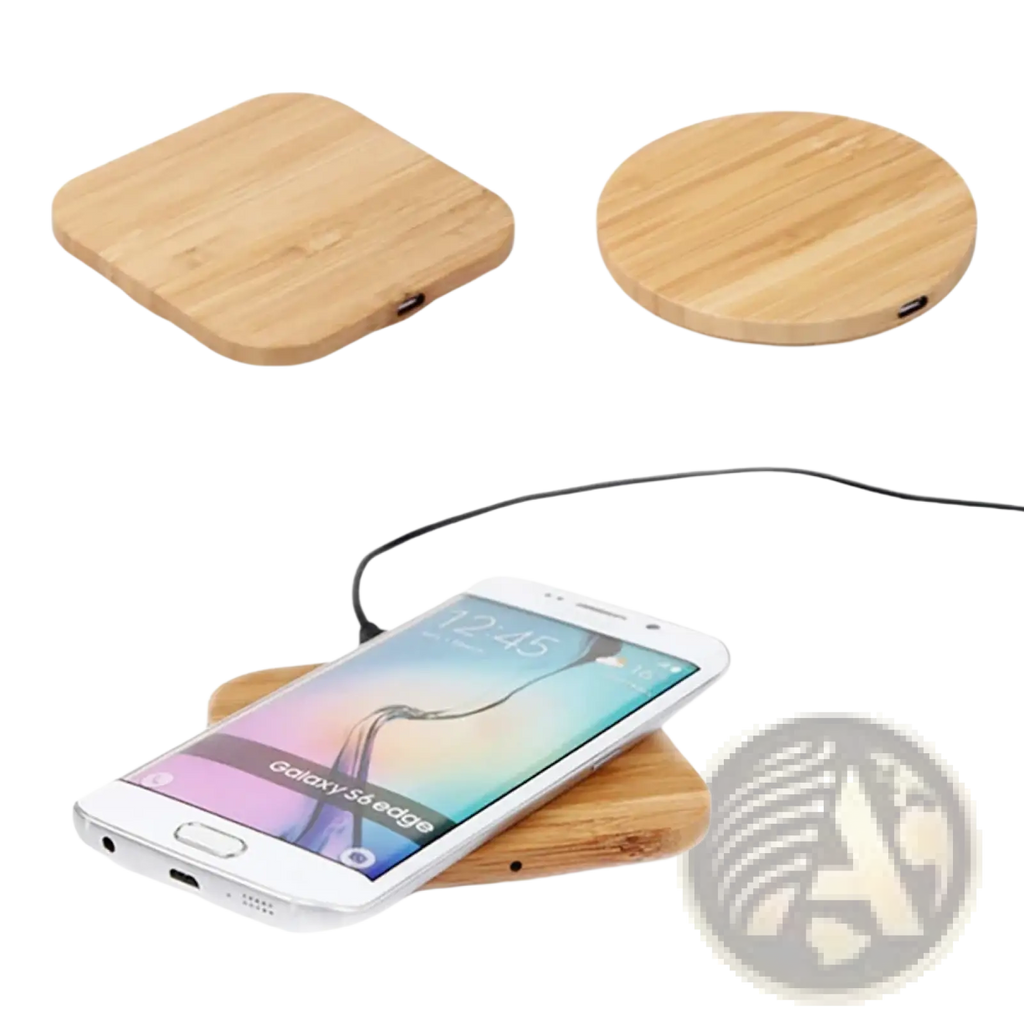 Light brown bamboo wooden wireless charging pad with USB C fast charger featuring square and circular shapes