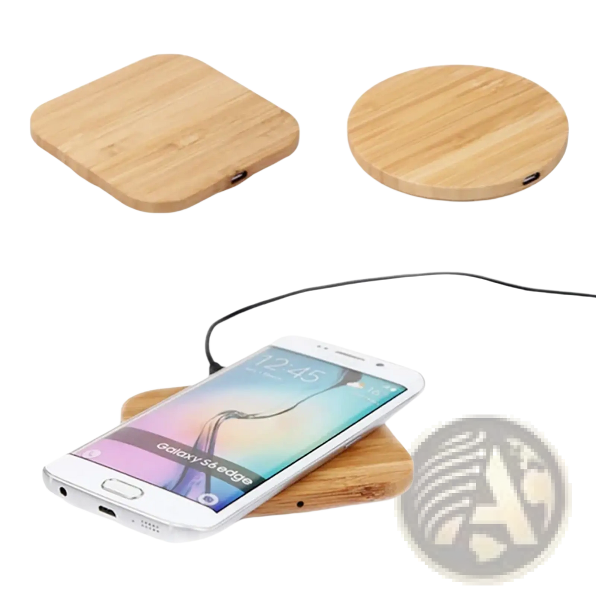 Light brown bamboo wooden wireless charging pad with USB C fast charger featuring square and circular shapes
