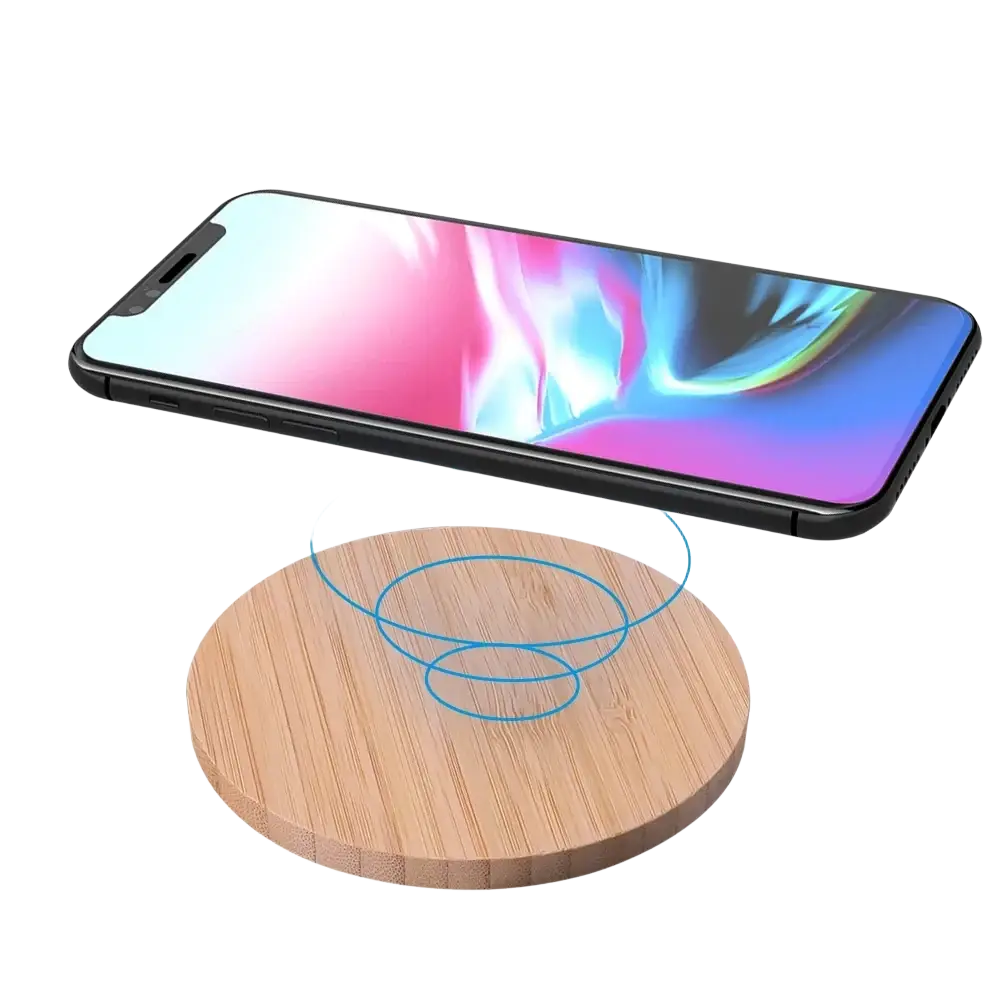A round wooden wireless charging pad with natural light brown finish wood grain for 5w charging usb c fast charger