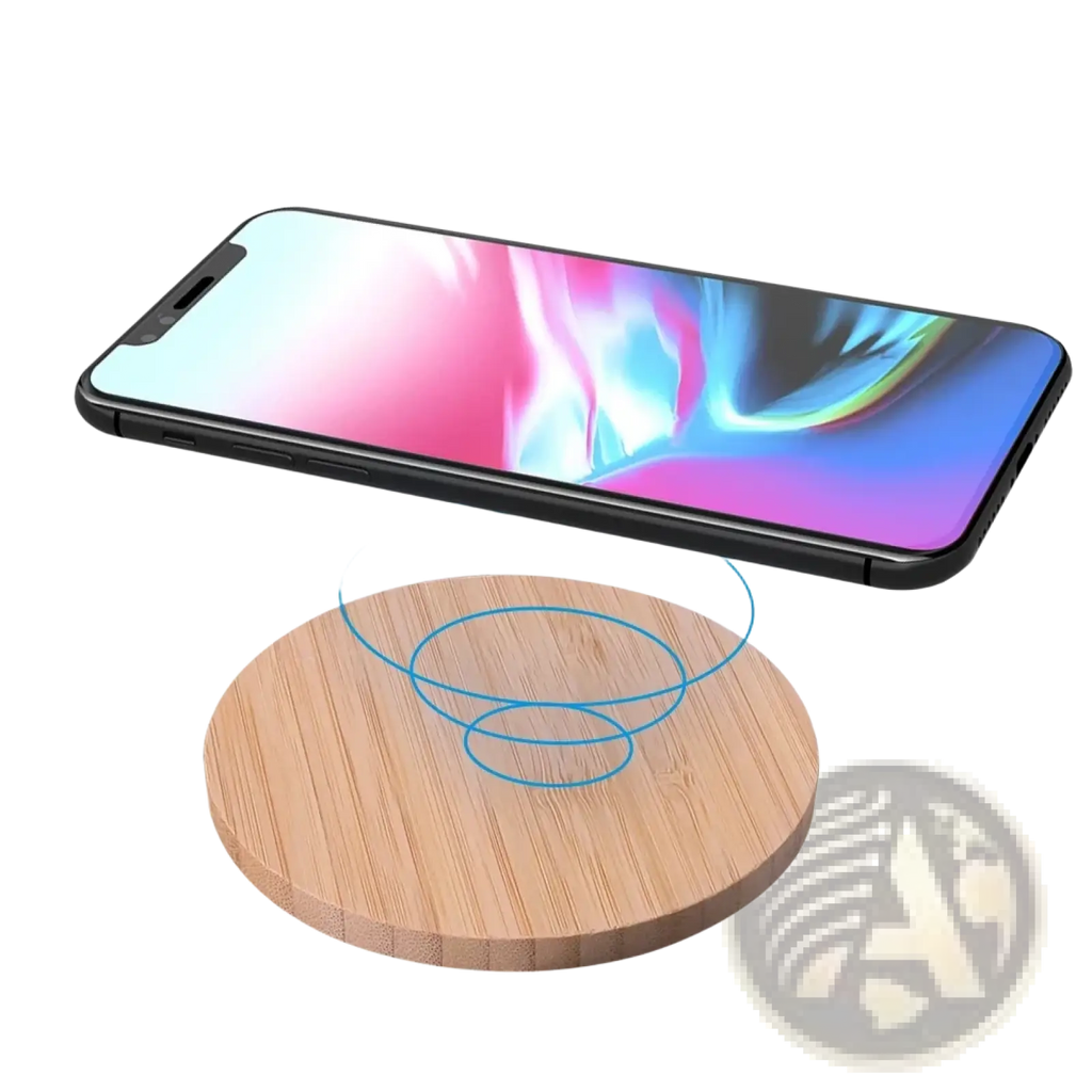 A round wooden wireless charging pad with natural light brown finish wood grain for 5w charging usb c fast charger