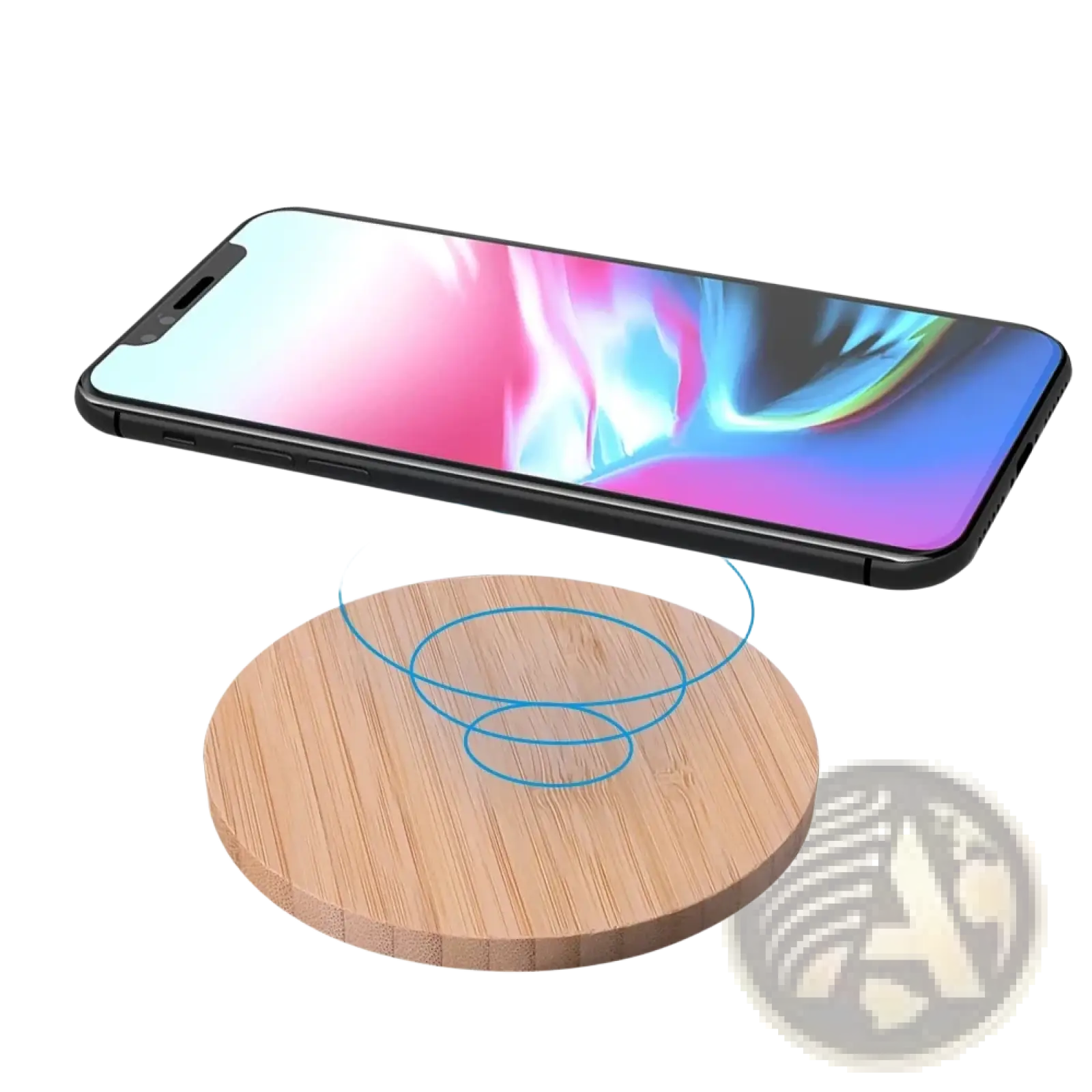 A round wooden wireless charging pad with natural light brown finish wood grain for 5w charging usb c fast charger