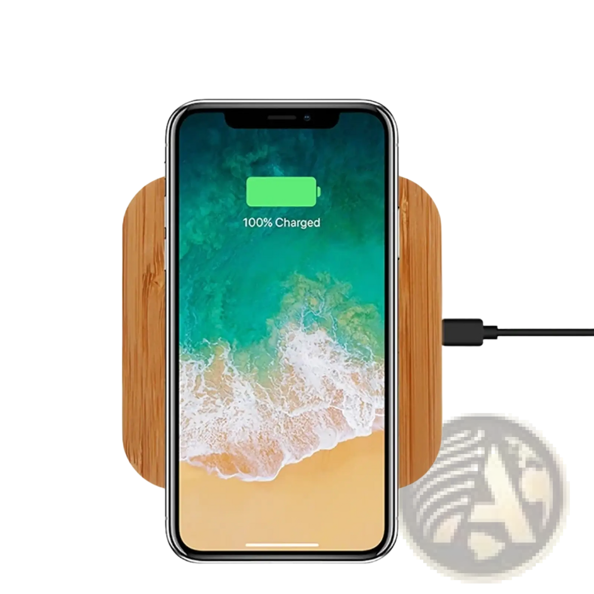 A sleek light brown bamboo wooden wireless charging pad with usb c fast charger and black cable attached