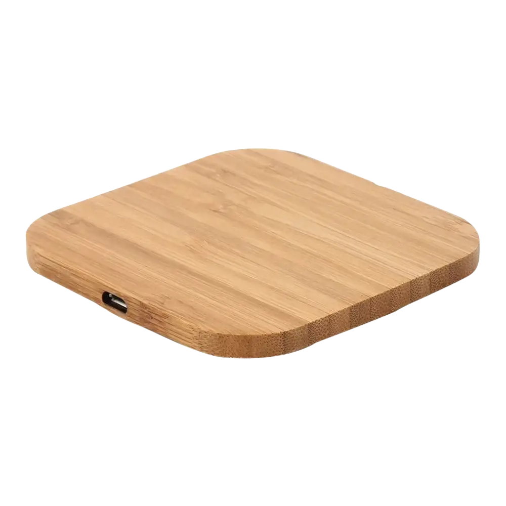 Wooden wireless charging pad usb c fast charger with square shape natural wood grain finish and rounded edges