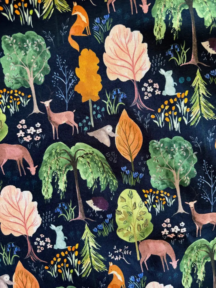 Woodland print navy cotton 1950s style midi dress with pockets featuring dark blue fabric with whimsical forest animals and autumn leaves