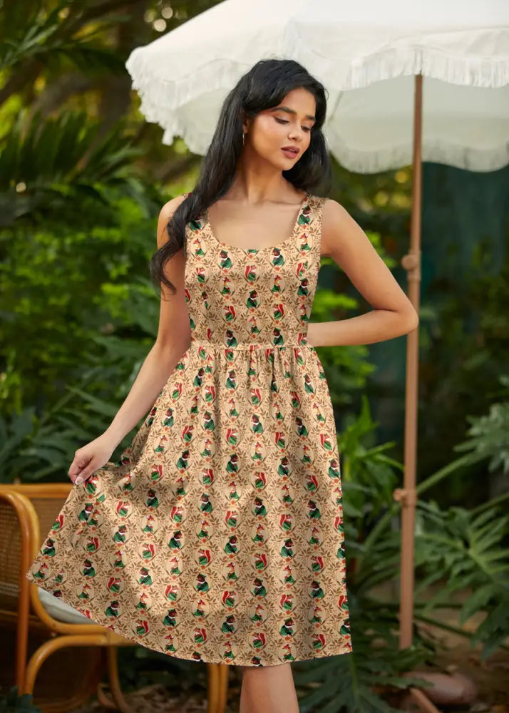 Woodland Scout vintage cotton fit and flare sleeveless dress in beige with colorful rooster and green foliage pattern