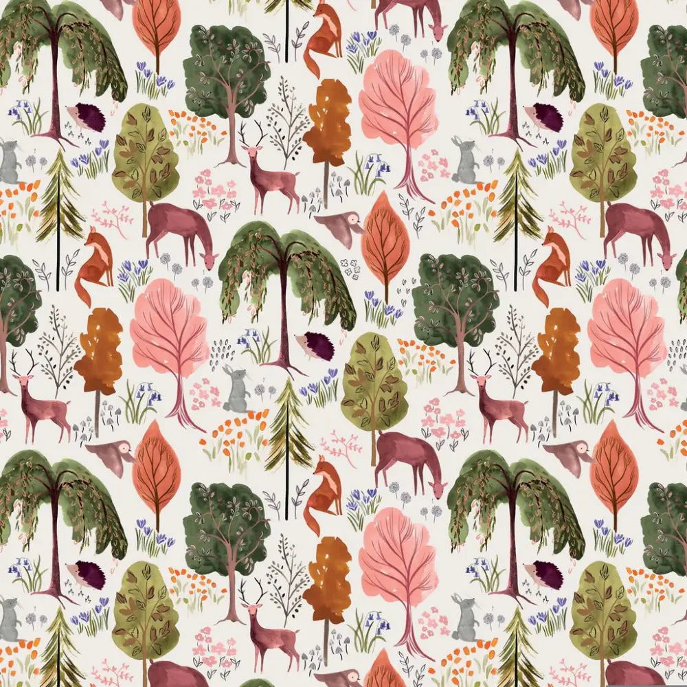 Woodland vintage cream cotton a-line dress with pockets featuring watercolor forest animals and trees in green pink and brown