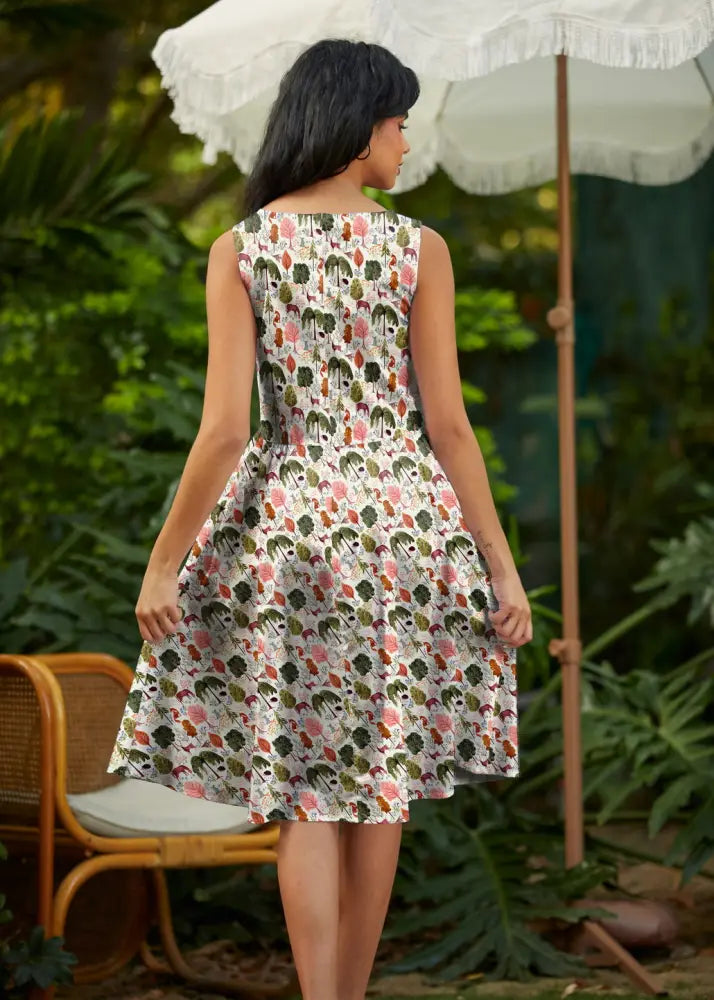 Woodland Vintage Cream sleeveless cotton A-line dress with colorful skull pattern knee-length with pockets