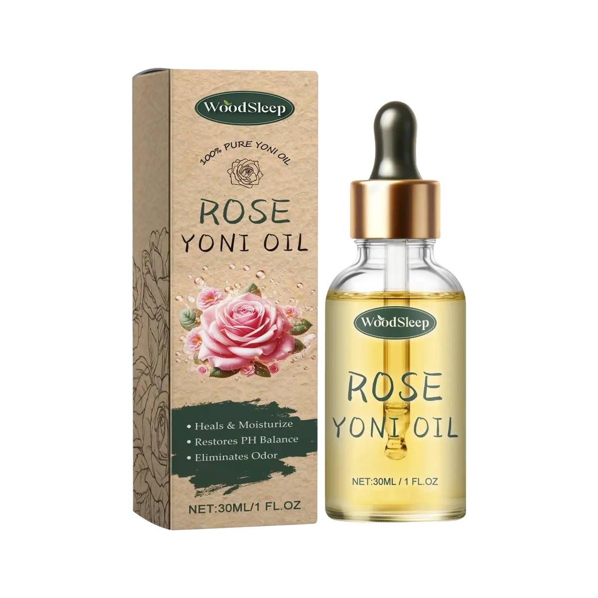 Woodsleep yoni oil vaginal tightening serum in clear glass bottle with gold dropper containing golden-yellow liquid