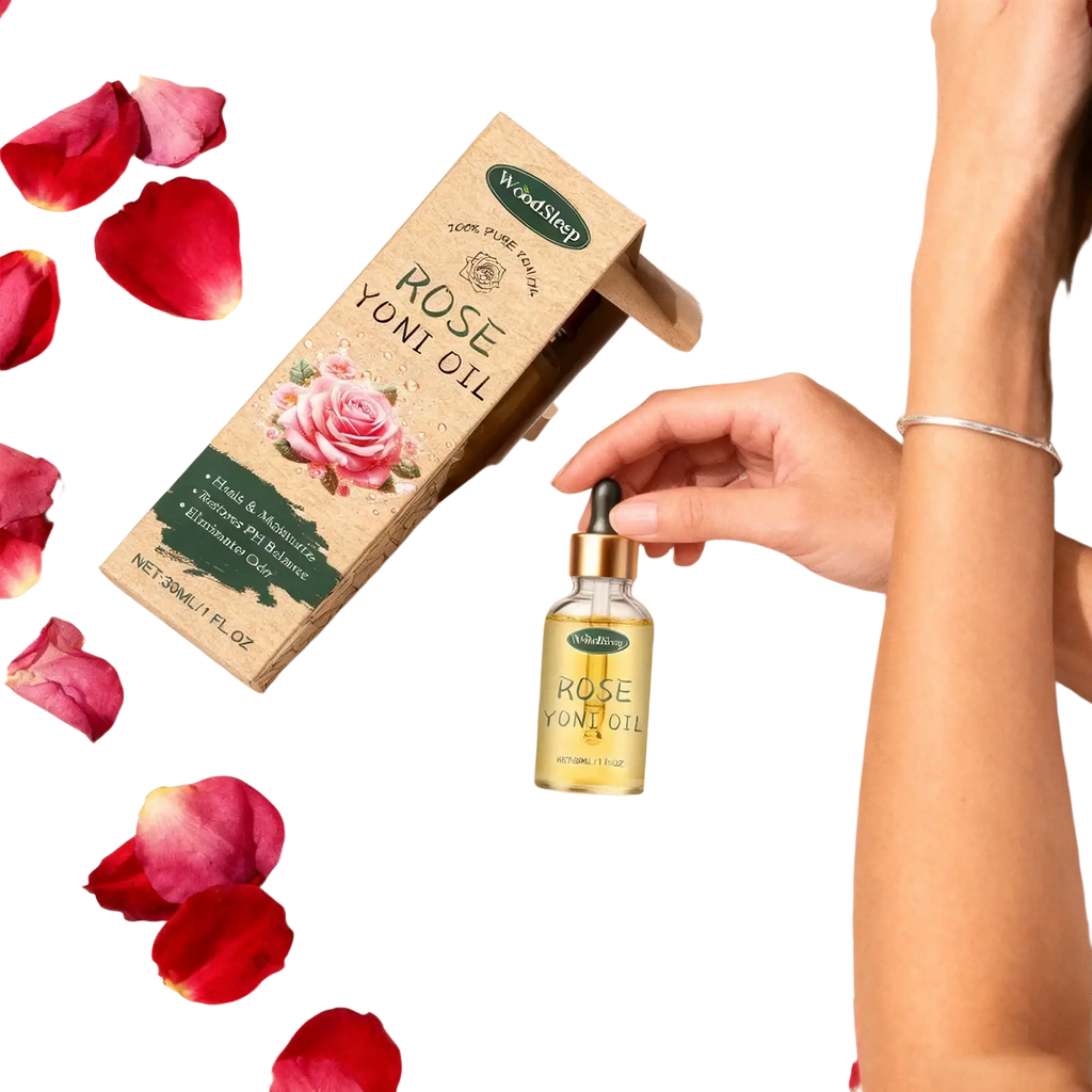 A clear glass bottle with a gold-toned dropper cap containing golden-yellow woodsleep yoni oil for vaginal tightening