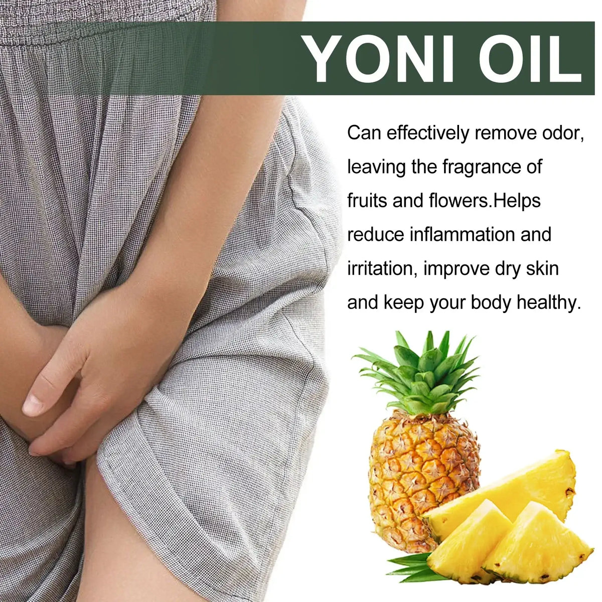 Woodsleep yoni oil vaginal tightening serum 30ml in clear bottle with white cap and pineapple scent for private parts