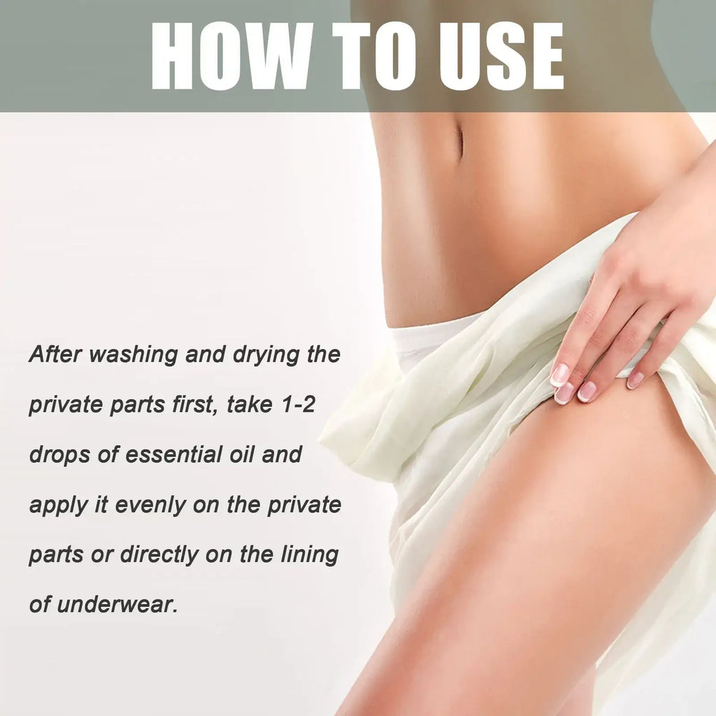 White sheer fabric draped over a person’s hip and thigh with woodsleep yoni oil vaginal tightening serum 30ml for private parts