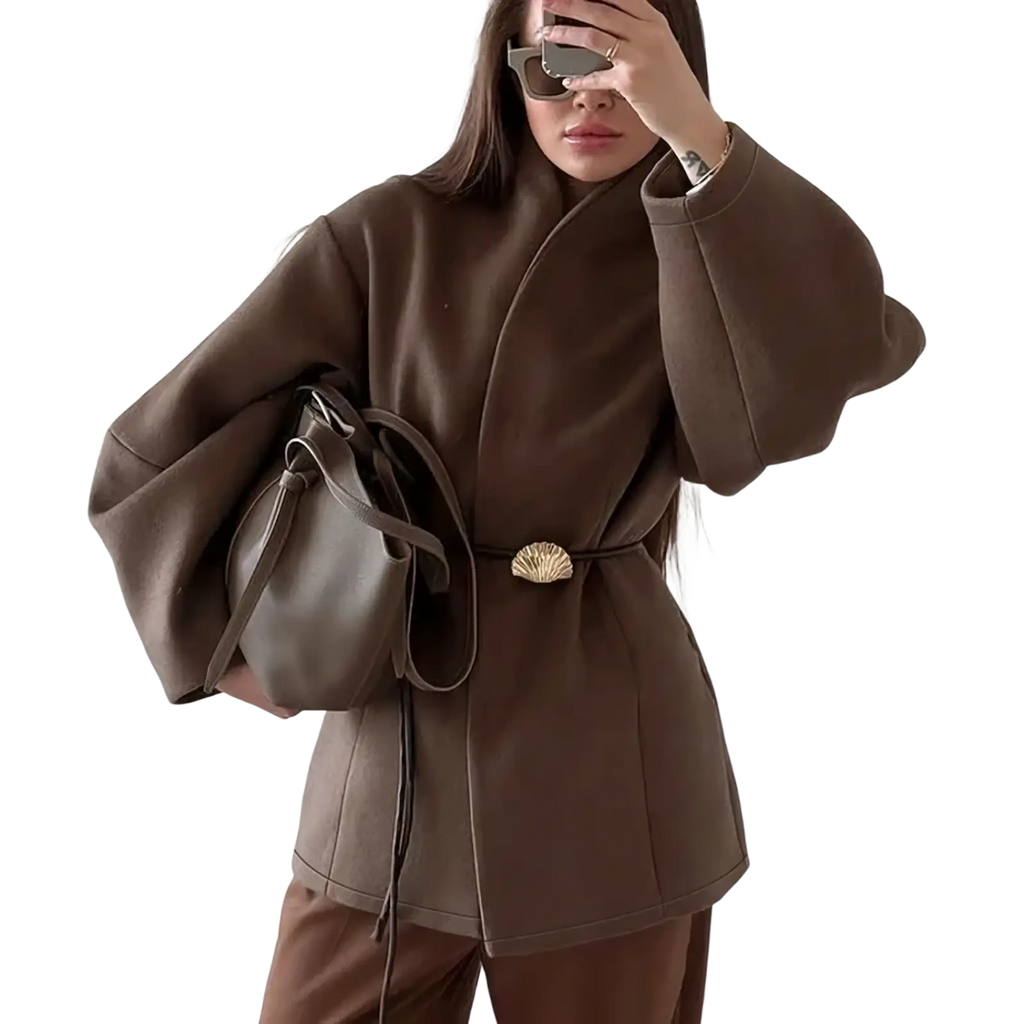 Brown wool belted coat with shell-shaped metal buckle and voluminous sleeves winter jacket, front view