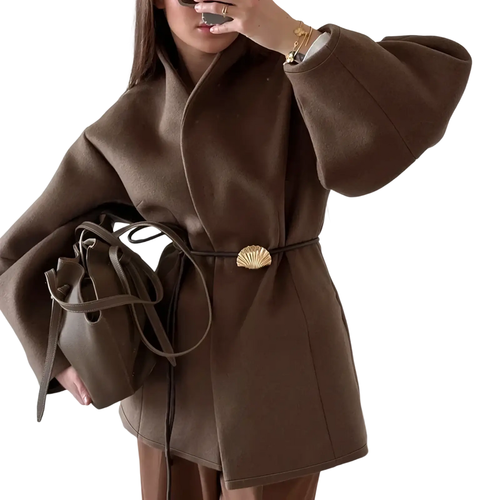 Brown wool belted coat with gold shell-shaped buckle and wide puffed sleeves for winter wear