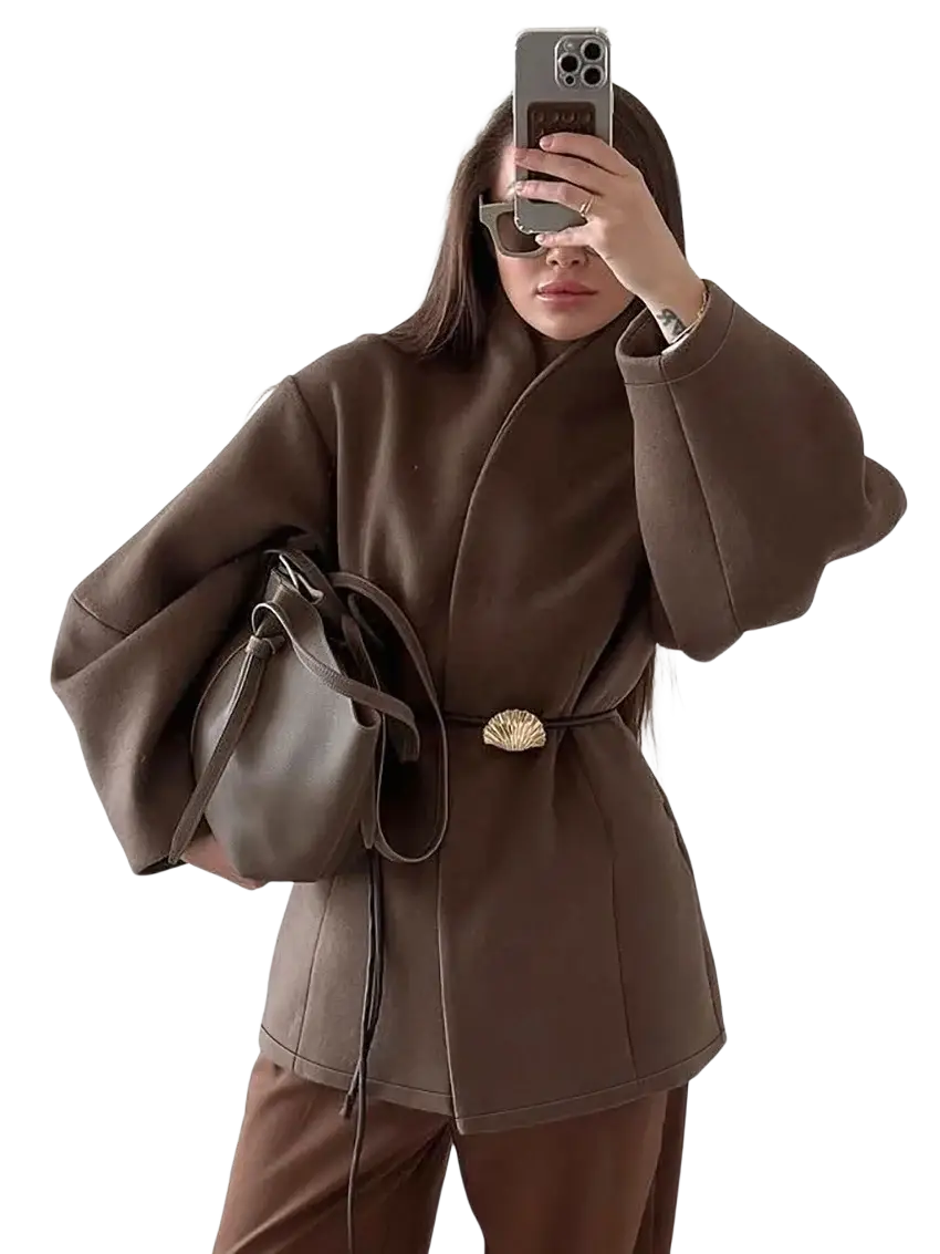 Brown wool belted coat with wide sleeves and shell-shaped metallic buckle for winter wear