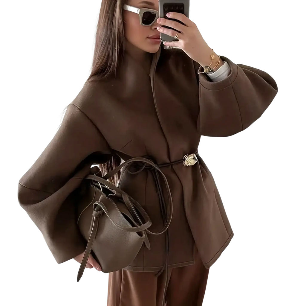 Brown wool belted coat with wide sleeves and shell-shaped metal buckle ideal for winter wear