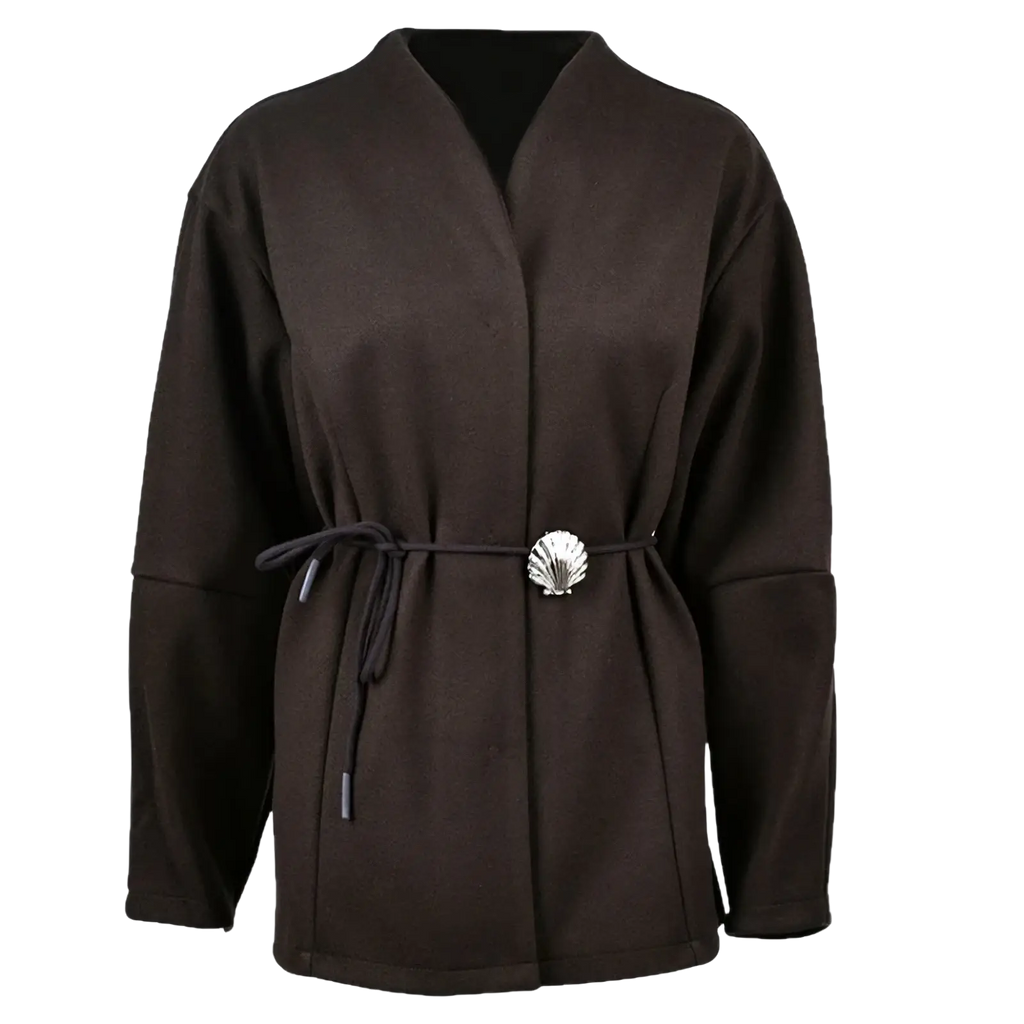 Dark brown wool belted coat with long sleeves and silver shell shaped buckle winter jacket for cold weather