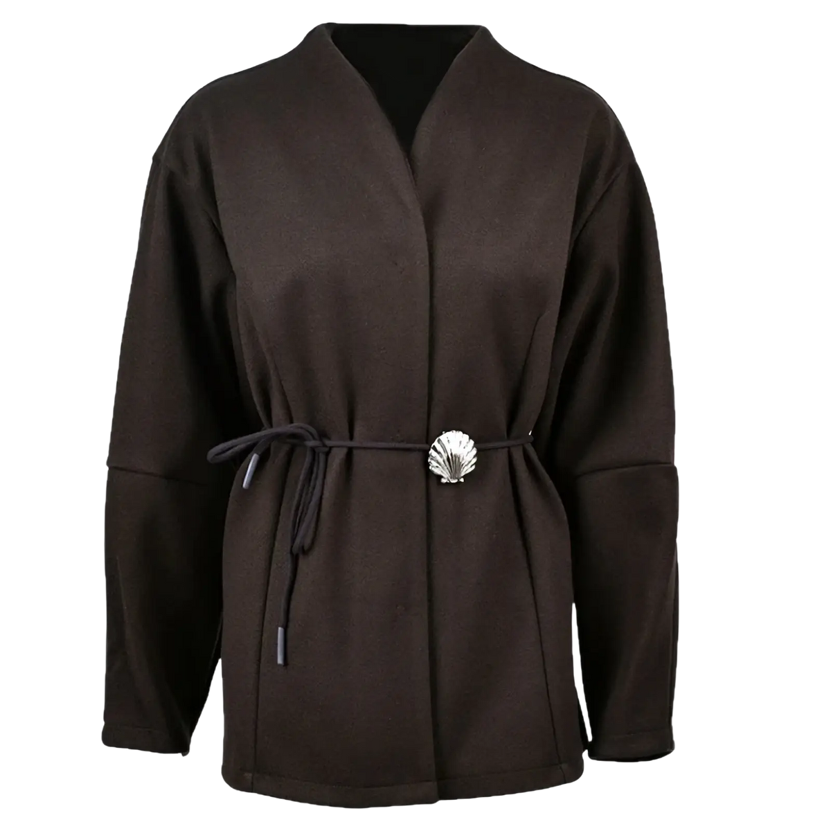 Dark brown wool belted coat with long sleeves and silver shell shaped buckle winter jacket for cold weather