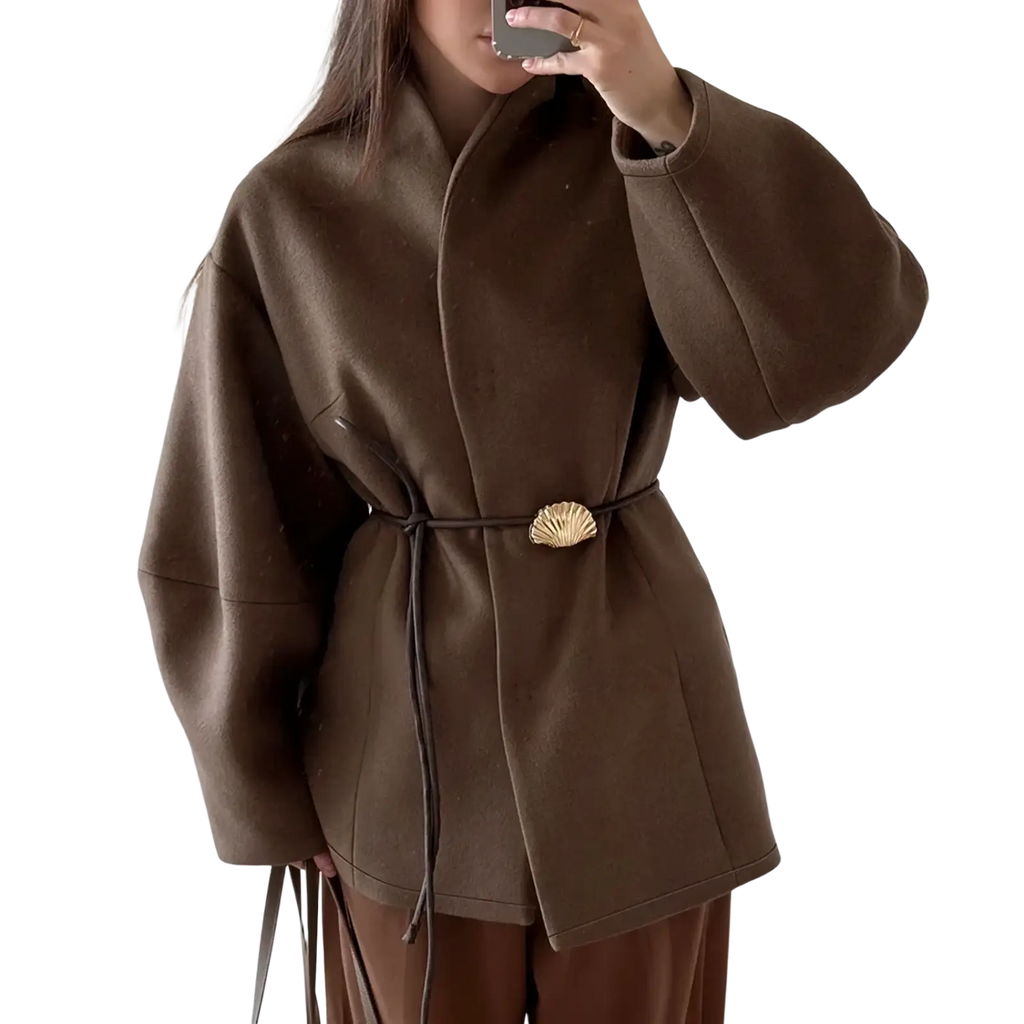 Brown woolen belted coat with shell shaped gold belt buckle ideal for winter wear