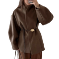 Brown woolen belted coat with shell shaped gold belt buckle ideal for winter wear