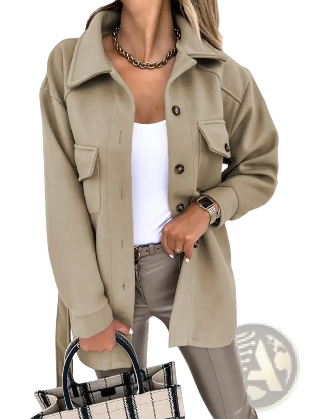 Beige wool blend oversized coat with button closures and flap pockets for women winter solid lapel jacket