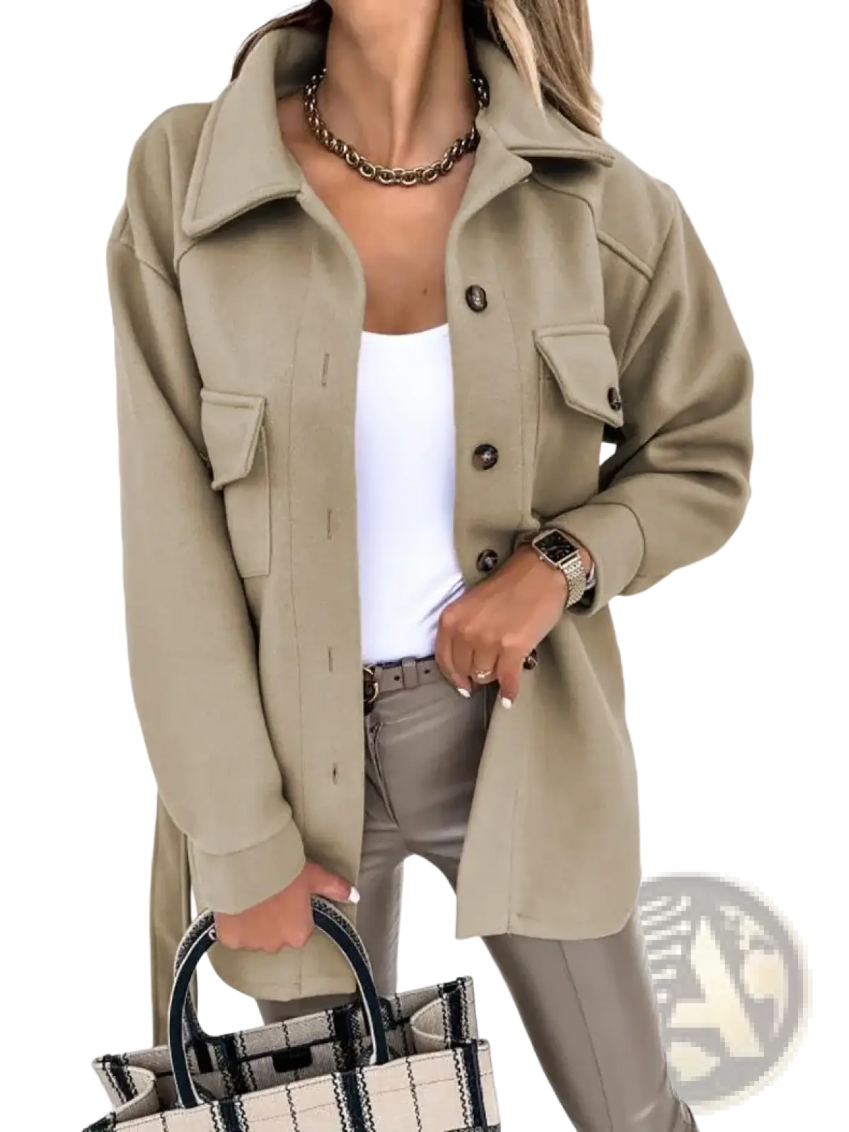 Beige wool blend oversized coat with button closures and flap pockets for women winter solid lapel jacket