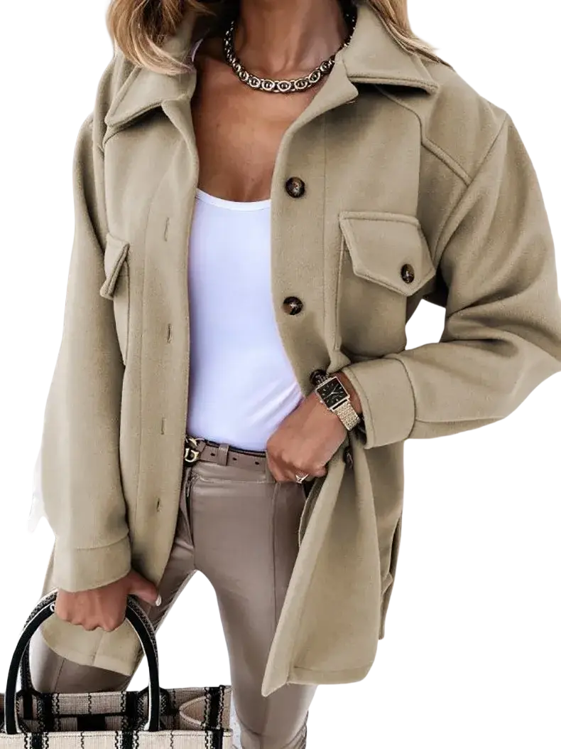 Beige wool blend trench coat with buttoned flap pockets and belted waist for women winter outerwear