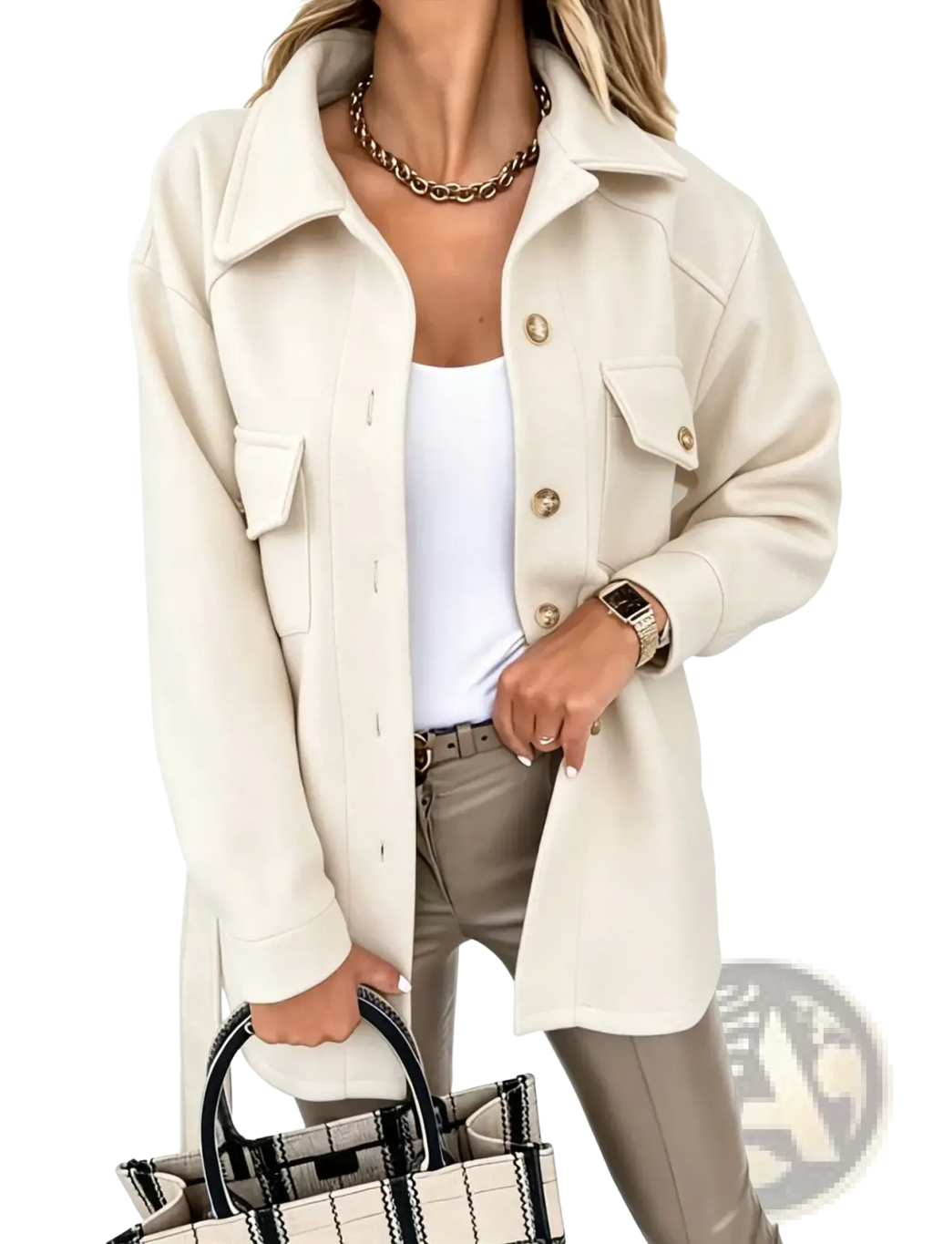 Cream-colored oversized wool-blend belted winter trench coat with gold-tone buttons and flap pockets for women