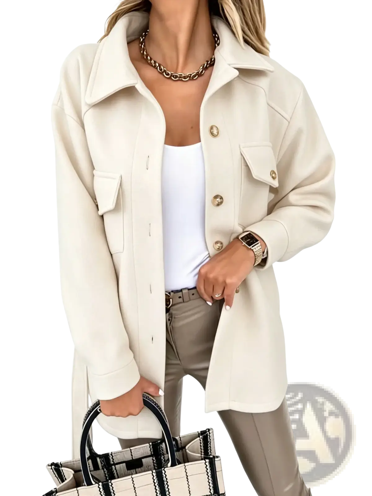 Cream-colored oversized wool-blend belted winter trench coat with gold-tone buttons and flap pockets for women