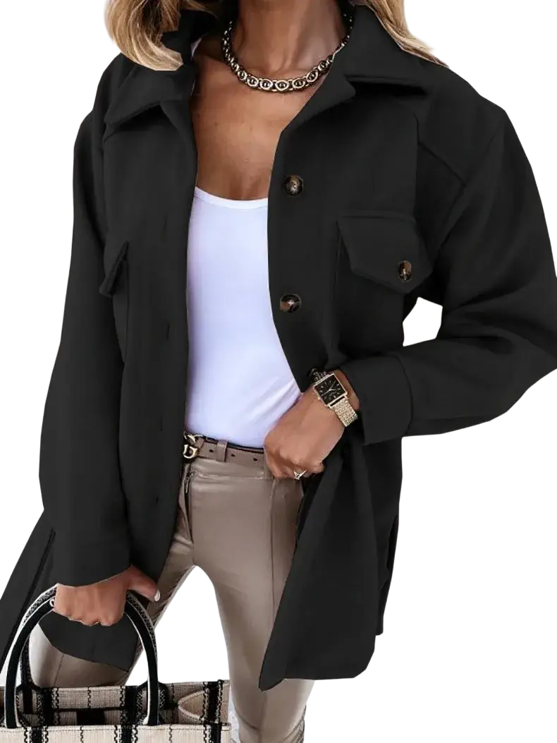 Black oversized wool belted coat for women with flap pockets and relaxed fit winter solid lapel jacket