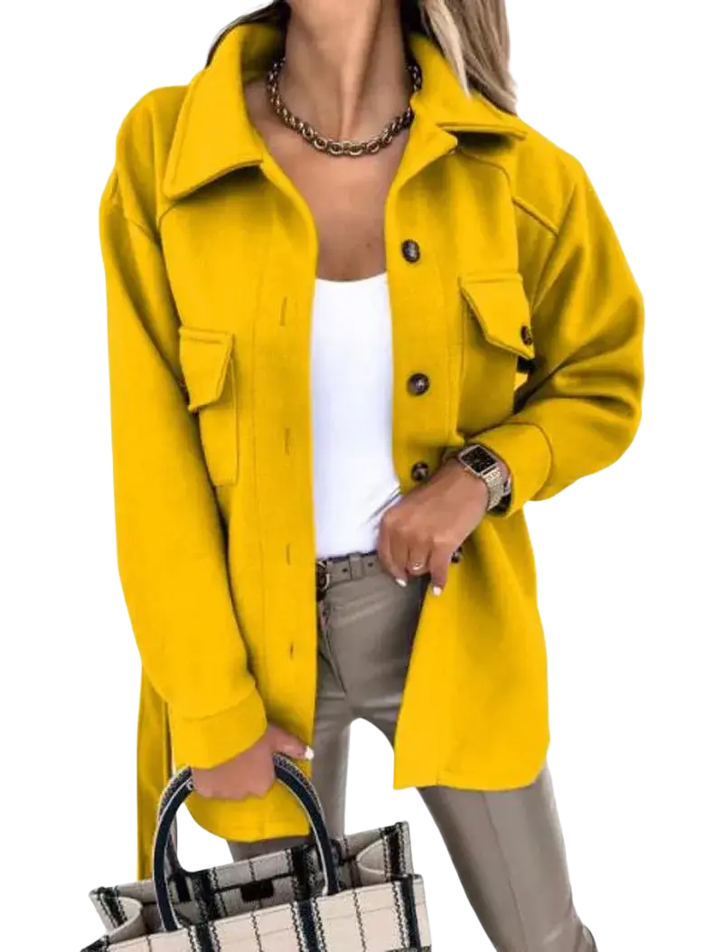 Bright yellow oversized wool-blend button-up coat with flap pockets and classic collar for women winter wear