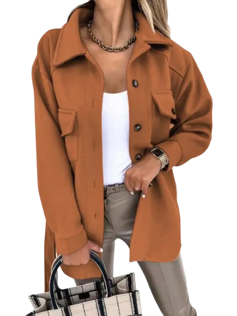 A cozy rust-colored wool belted oversized button-up coat with relaxed fit and front flap pockets for women winter wear