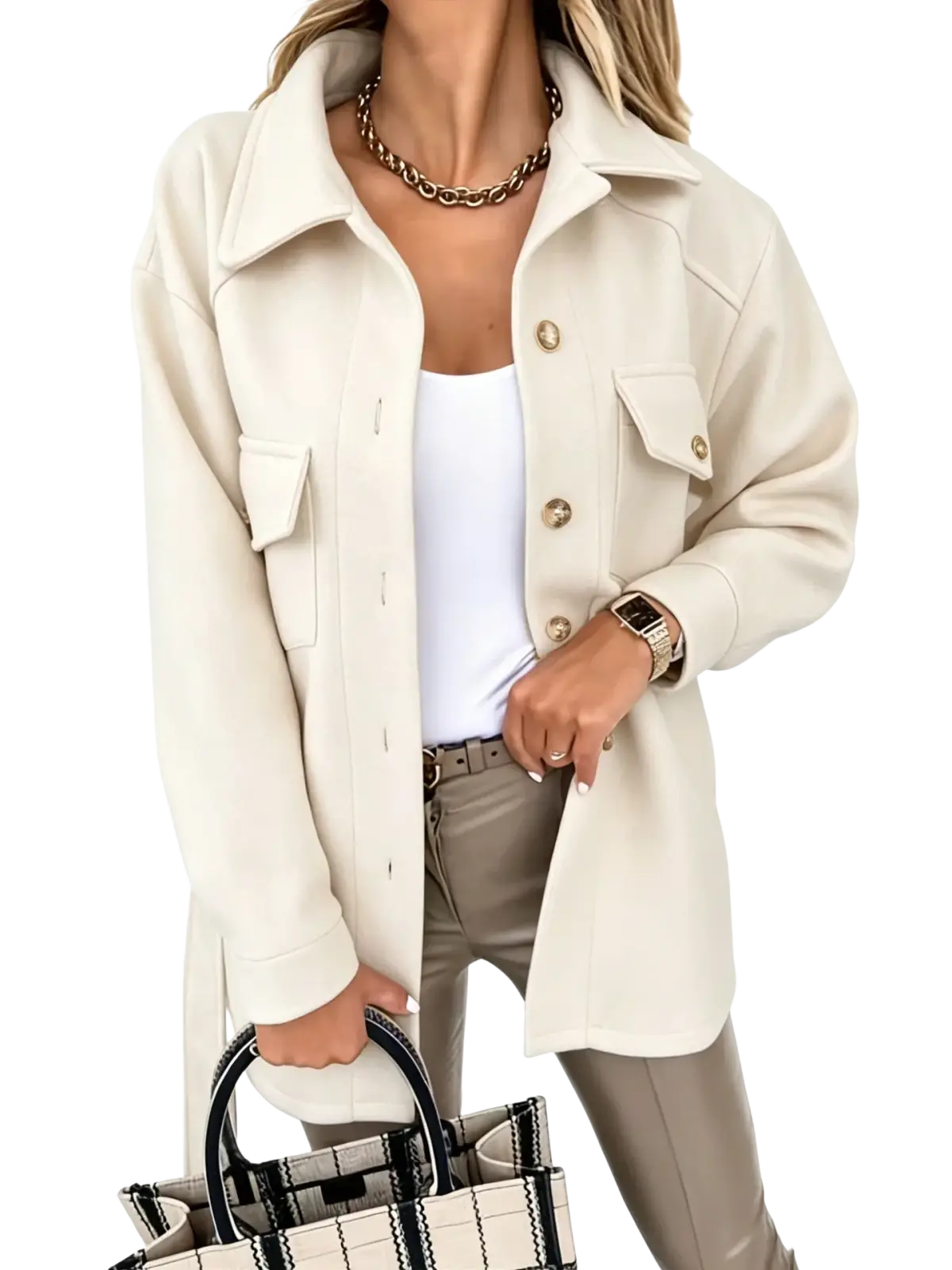 Cream-colored oversized wool-blend belted winter trench coat with gold-tone buttons and flap pockets for women