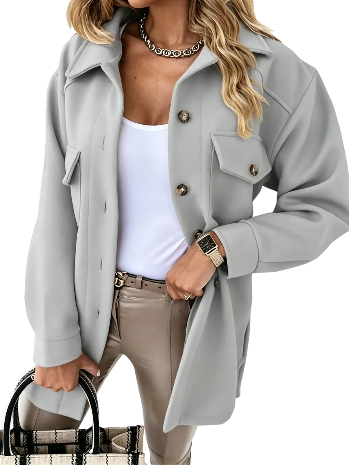 Gray oversized wool belted coat for women with button closures and flap pockets ideal for winter wear