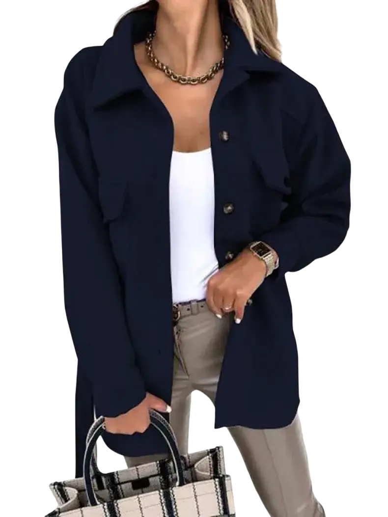 Navy blue long-sleeved button-up shirt with collar and front pockets paired with wool belted coat women winter solid lapel jacket