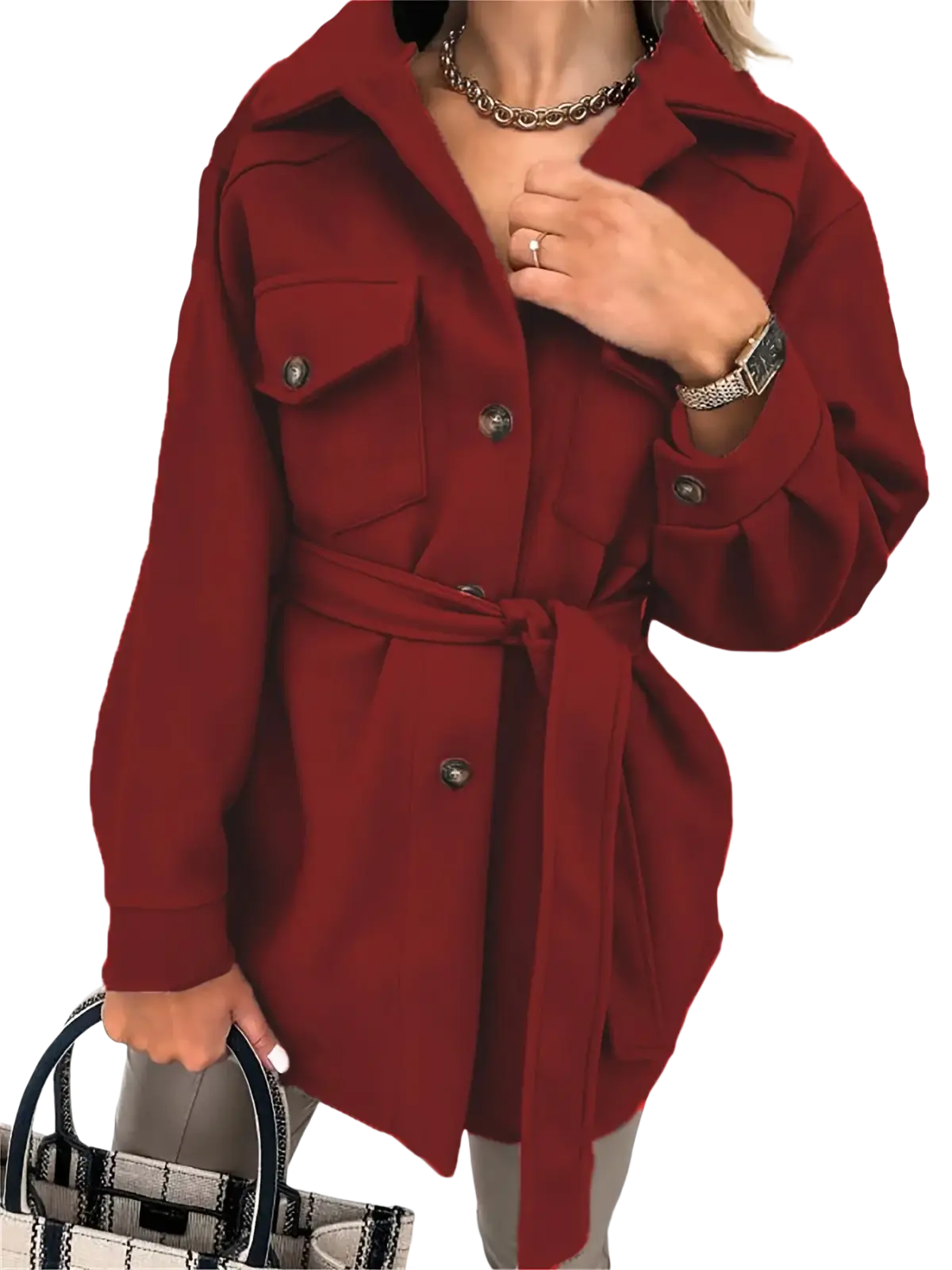 A rich burgundy belted wool coat with classic collar front button closure and two chest pockets for winter wear