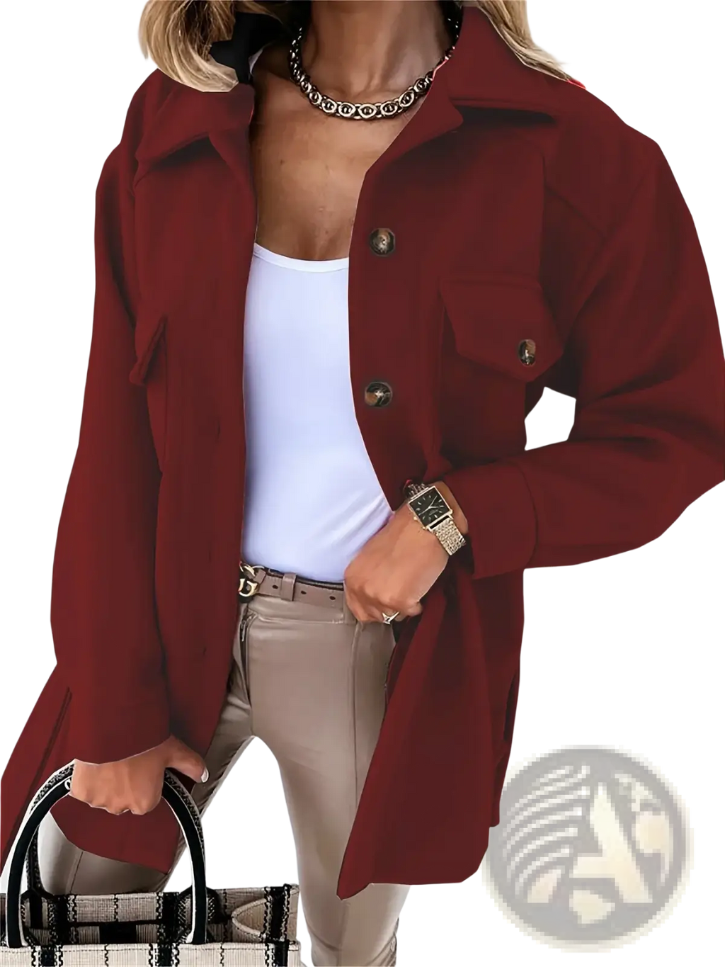 A rich burgundy wool belted coat for women with long sleeves, button-up front, relaxed fit, and two pockets