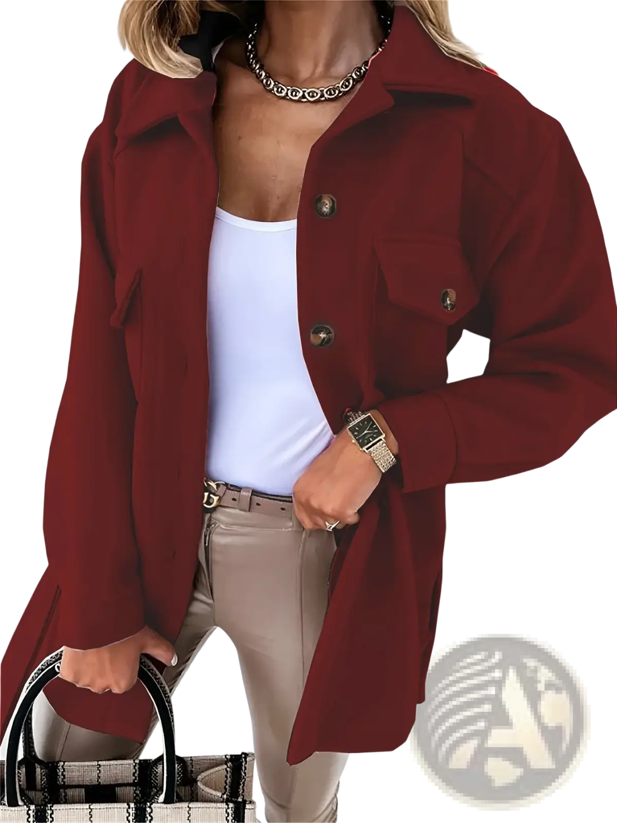 A rich burgundy wool belted coat for women with long sleeves, button-up front, relaxed fit, and two pockets