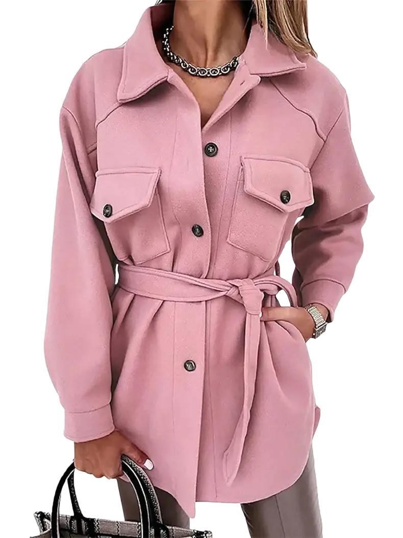 A soft pink wool belted coat for women with collar front buttons and two chest pockets ideal for winter wear
