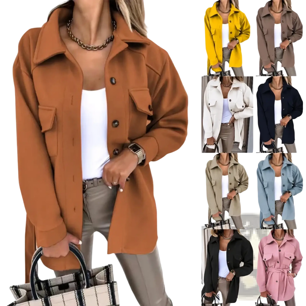 Tan wool blend belted coat for women with collar and chest pockets ideal for winter wear