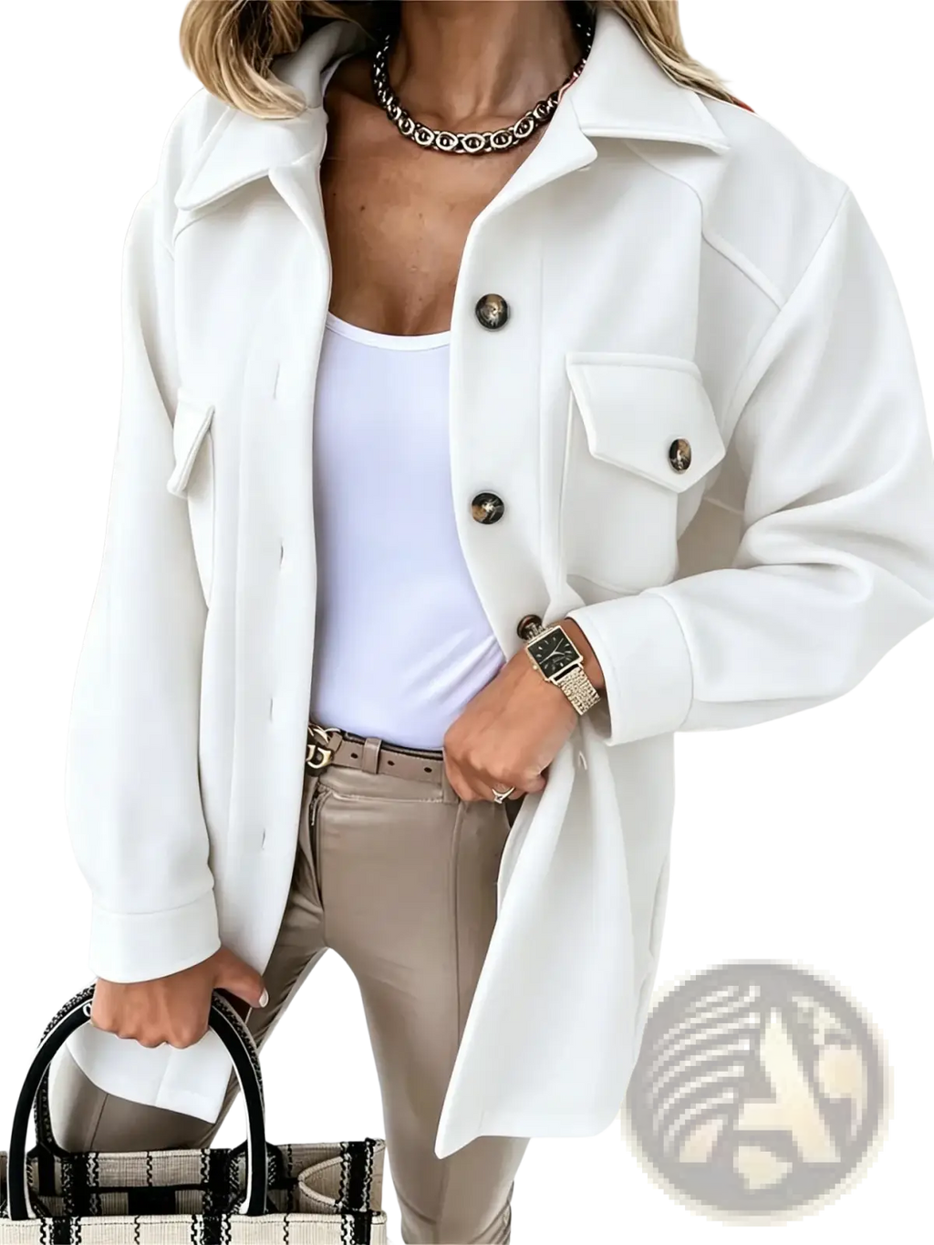 White oversized wool blazer with gold toned buttons and flap pockets for women winter coat with solid lapel jacket