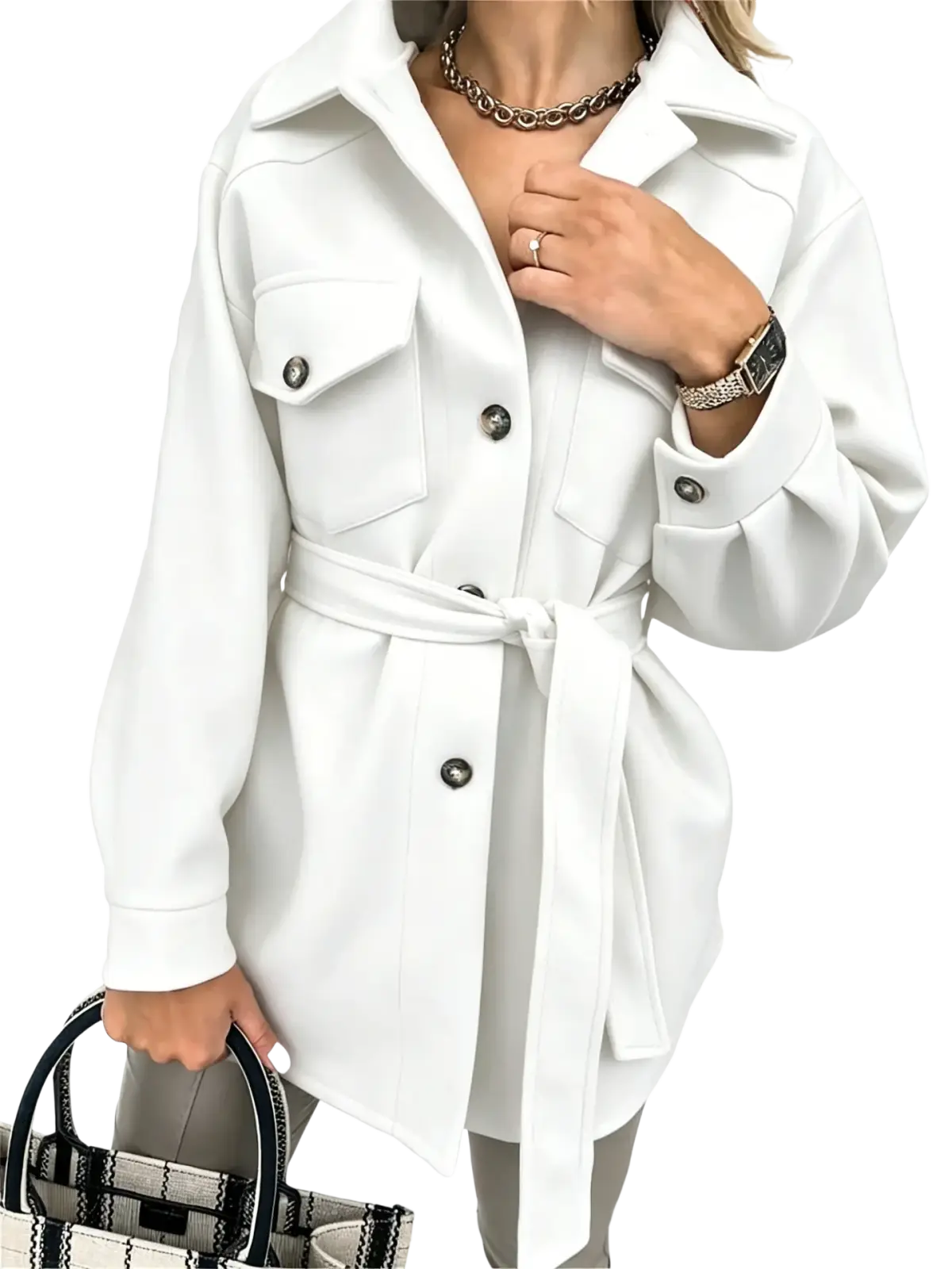 White belted wool coat for women with black buttons and structured collar ideal for winter wear