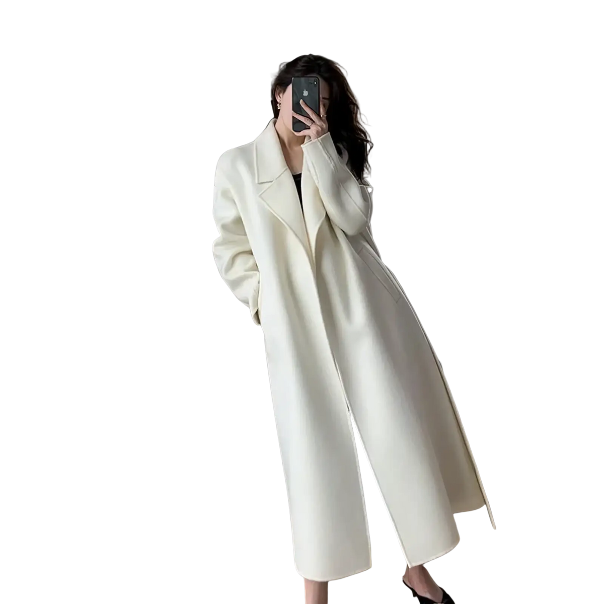 Cream-colored wool belted long winter coat for women with double-breasted design and wide lapels