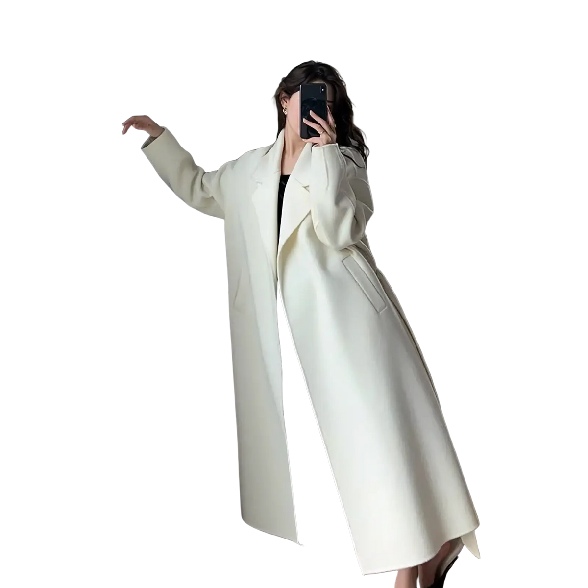 Cream-colored wool belted long winter coat for women with a double-breasted design and notched lapels