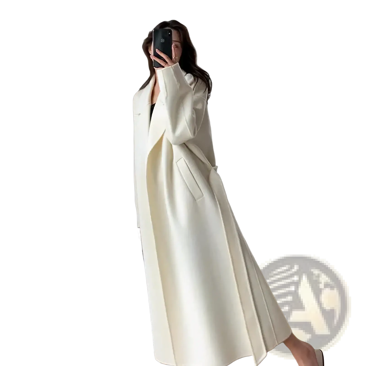 Cream-colored longline wool belted winter coat for women with wide lapels and a tailored waist design