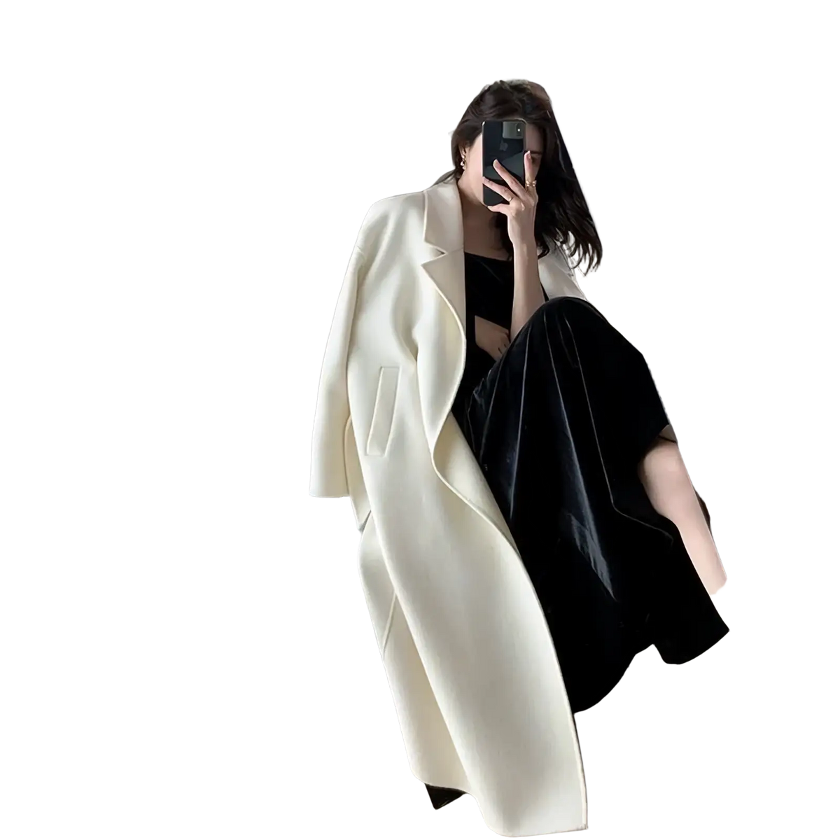 Cream-colored longline wool coat for women with a classic double-breasted design and notched lapels