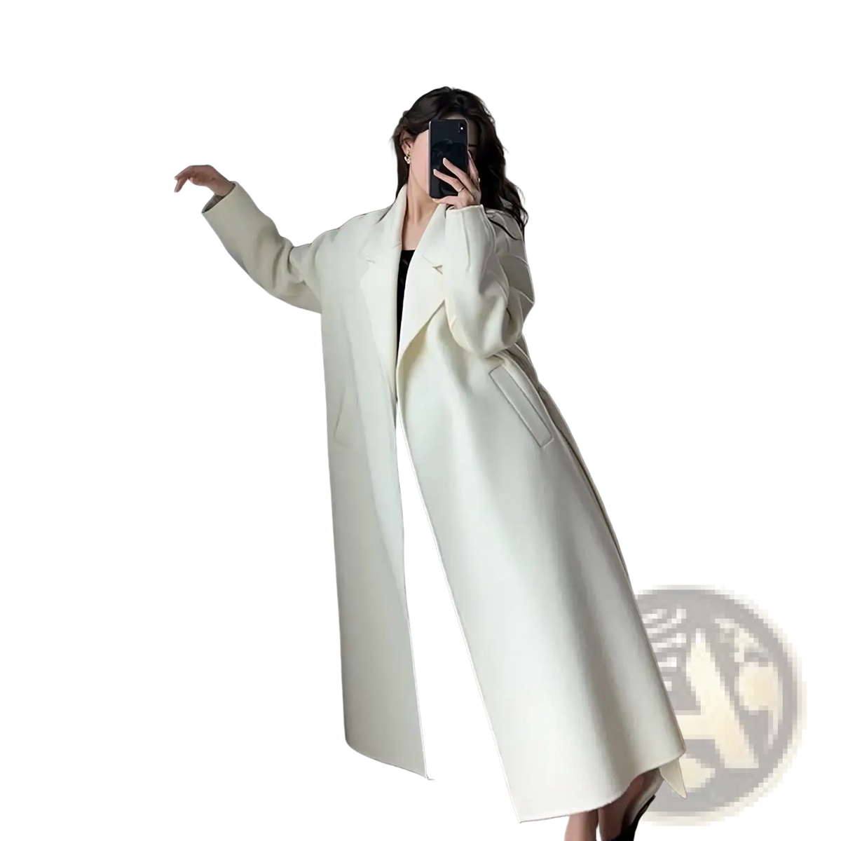 Cream-colored wool belted long winter coat for women with a double-breasted design and notched lapels