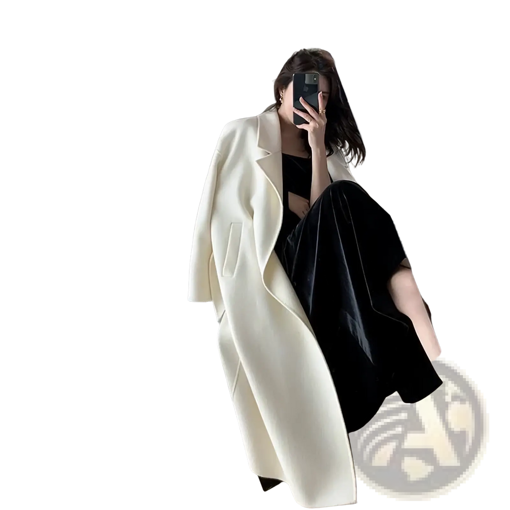 Cream-colored longline wool coat for women with a classic double-breasted design and notched lapels