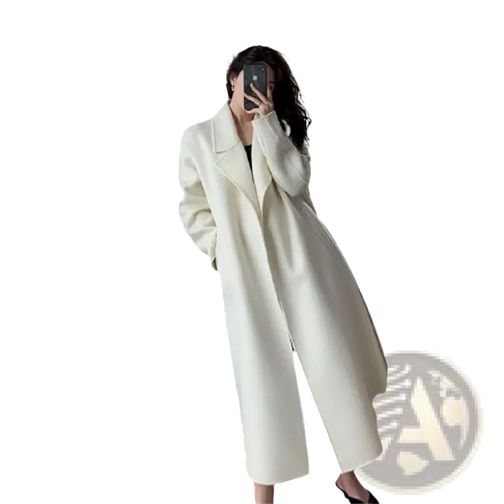 Cream-colored wool belted long winter coat for women with classic collar and straight-cut silhouette