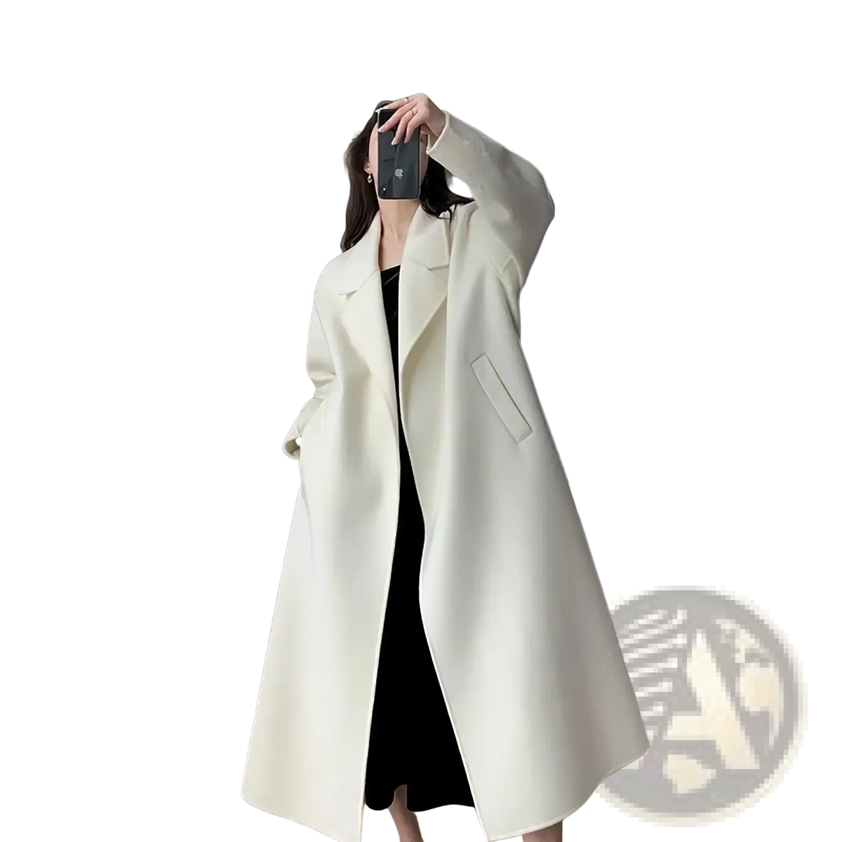 A creamy off-white wool belted long winter coat for women featuring a double-breasted design and wide lapels
